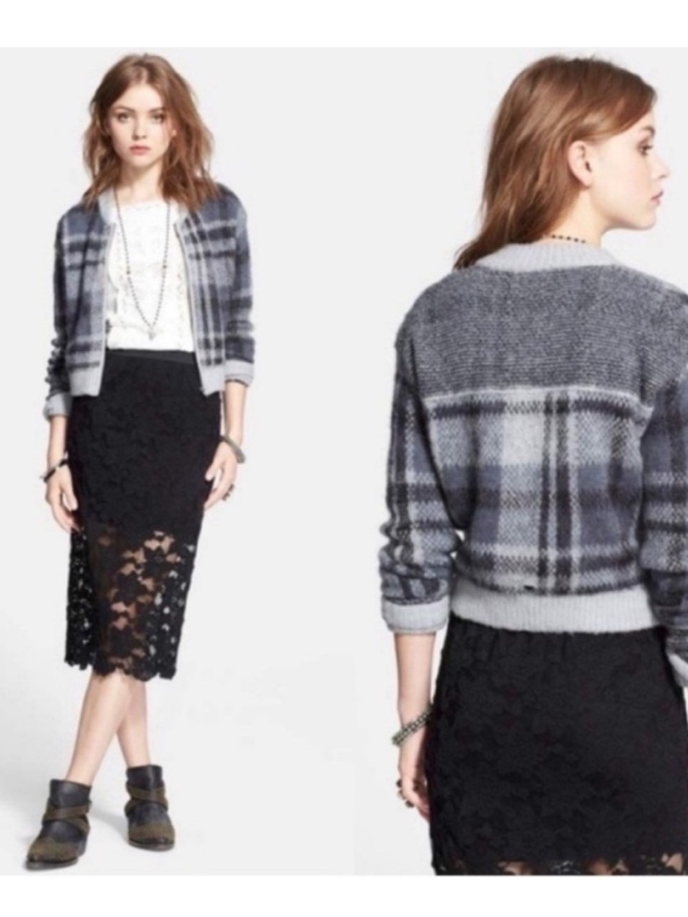 Free People oh my plaid front full zip sweater bomber cropped jacket medium M